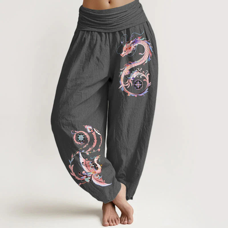 Buddha Stones Cotton Flying Dragon Phoenix Pattern Women's Elastic Waist Harem Pants