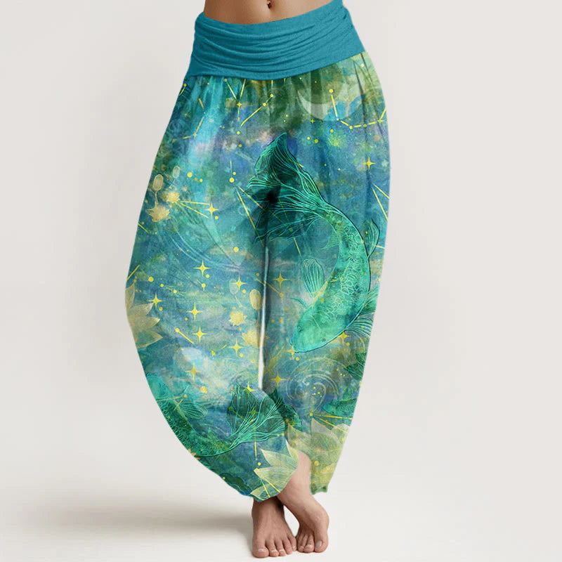 Buddha Stones Cotton Koi Fish Lotus Moon Stars Pattern Women's Elastic Waist Harem Pants