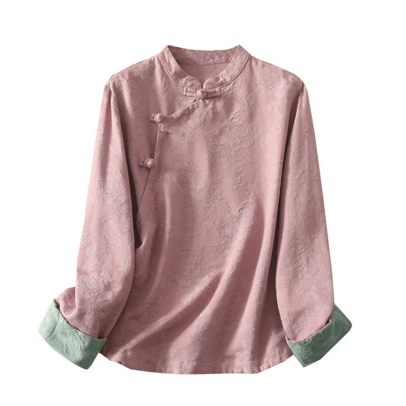 Buddha Stones Jacquard Diagonal Placket Long Sleeve Women's Cotton Linen Buttons Shirt