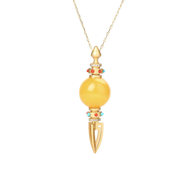Buddha Stones 24K Gold Plated Amber Dorje Vajra Clear Anxiety Necklace Pendant