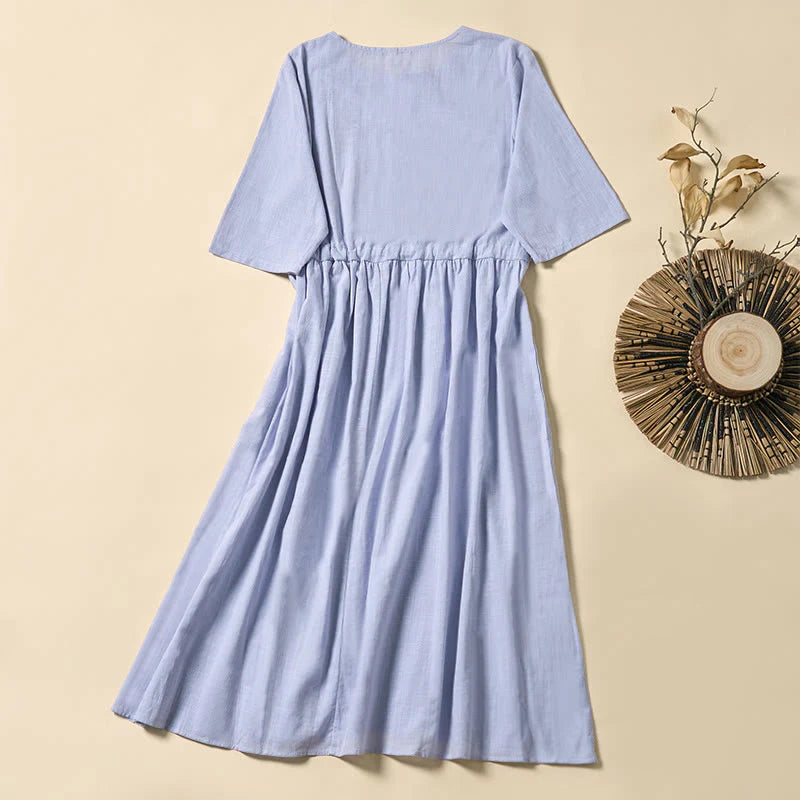 Buddha Stones Summer Grape Vine Embroidery Lace-up Design Short Sleeve Midi Dress With Pockets