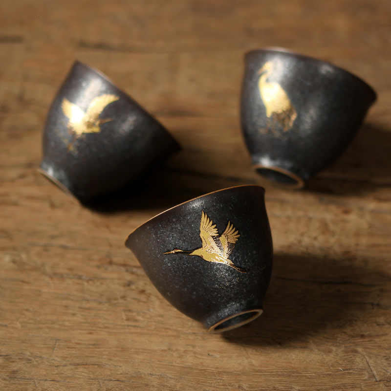 Buddha Stones Small Hand-painted Golden Crane Ceramic Teacup Kung Fu Tea Cup 40ml