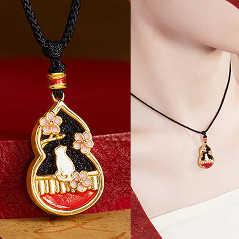 Buddha Stones 925 Sterling Silver Peach Blossom Cat Gourd Pattern Protection Necklace Pendant