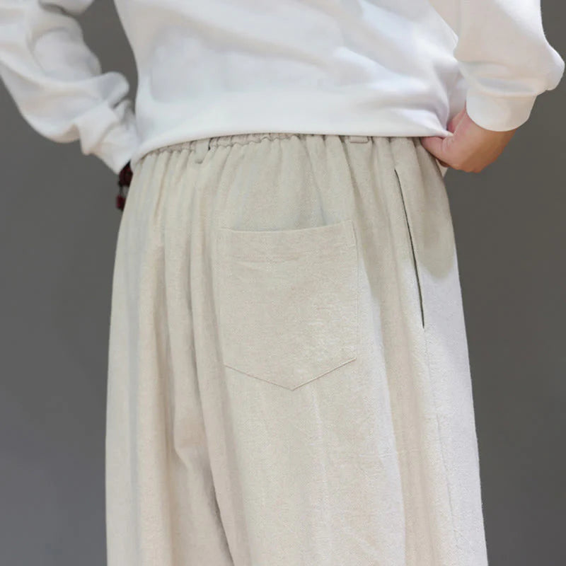 Buddha Stones Fall Sports Men's Pure Color Button Design Cotton Pants With Pockets