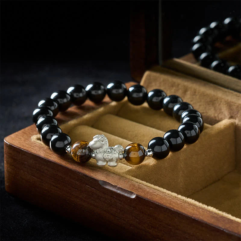 Buddha Stones Year Of The Horse 999 Sterling Silver Horse Charm Black Obsidian Tiger Eye Strength Bracelet