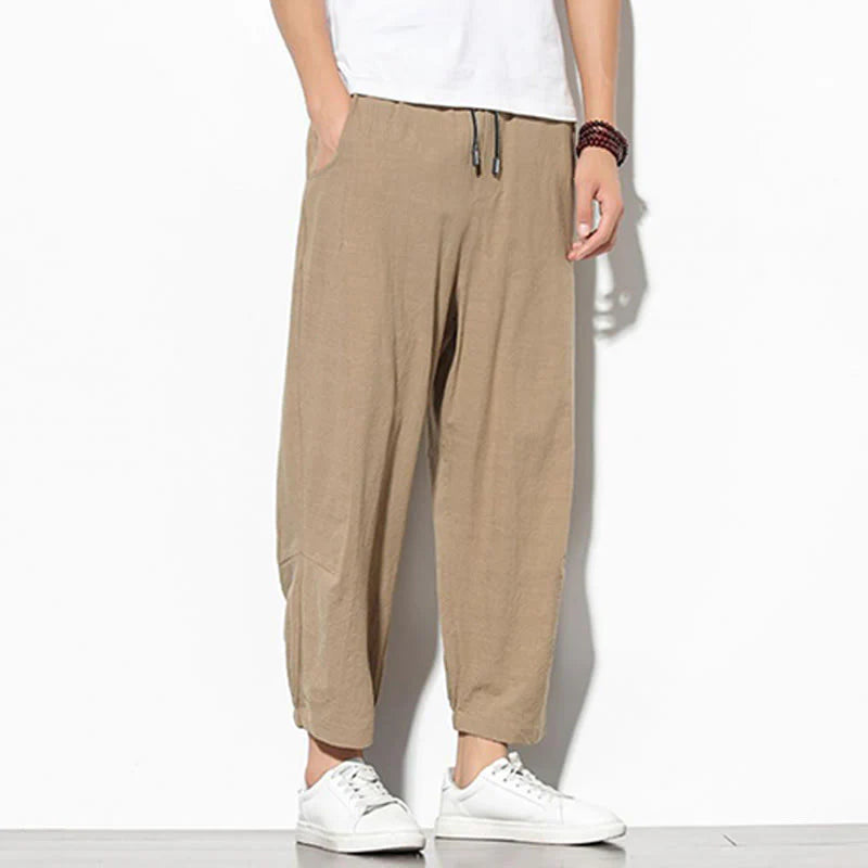 Buddha Stones Summer Men's 7-8 Length Cotton Linen Carrot Pants With Pockets