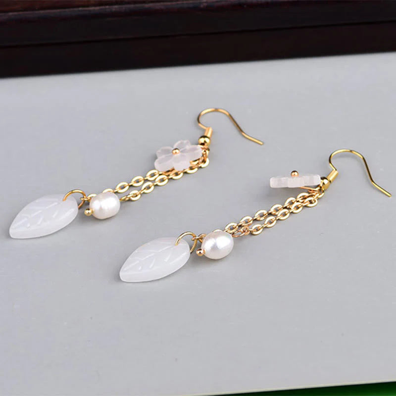 Buddha Stones Pearl White Flower Leaves Happiness Drop Earrings