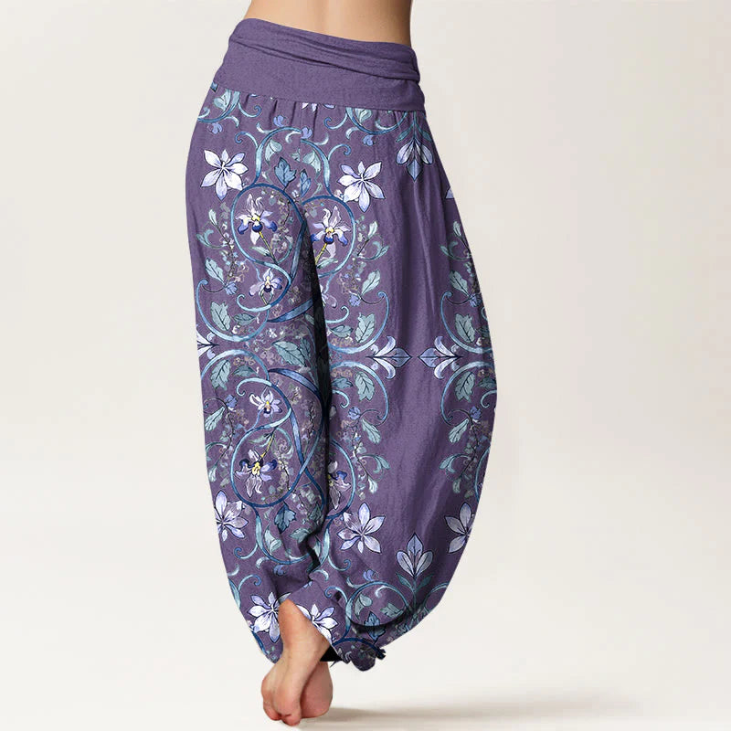 Buddha Stones Cotton Symmetrical Flower Vines Leaves Pattern Women's Elastic Waist Harem Pants