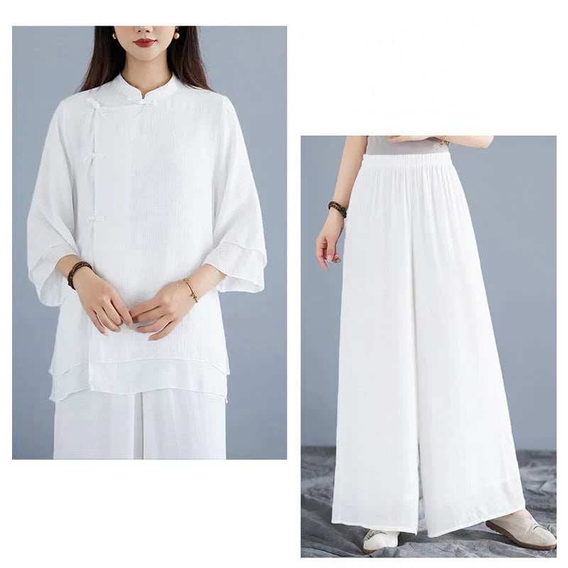 Buddha Stones 2Pcs Solid Color White Frog-Button Three Quarter Sleeve Shirt Wide Leg Pants Meditation Zen Clothing Women's Set