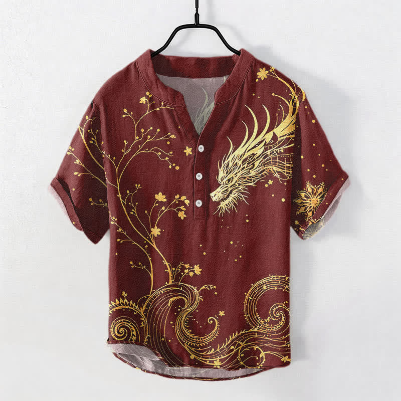 Buddha Stones Cotton Wave Dragon Flower Pattern Men's Short Sleeve Half Button Shirt