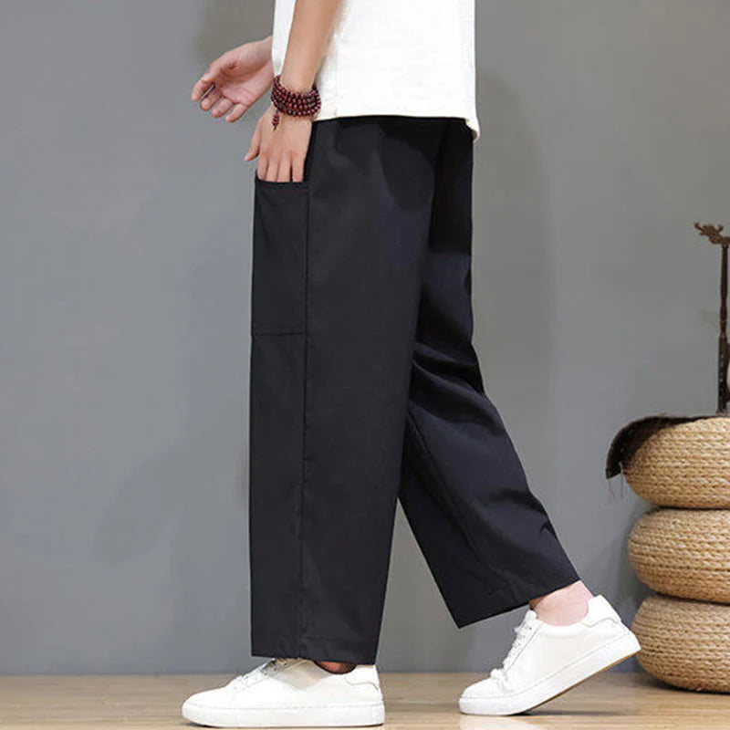 Buddha Stones Summer Solid Color Drawstring Straight Leg 7-8 Length Men's Pants With Pockets