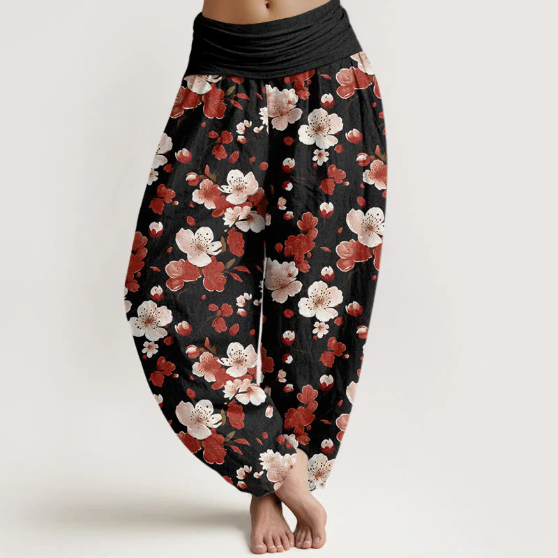 Buddha Stones Cotton Pink Red Peach Blossoms Design Women's Elastic Waist Harem Pants