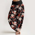 Buddha Stones Cotton Pink Red Peach Blossoms Design Women's Elastic Waist Harem Pants