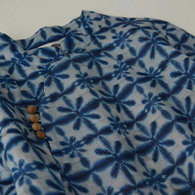Buddha Stones Summer Blue Floral Stripes Circular Shape Stand Collar Design Short Sleeve Midi Dress With Pockets
