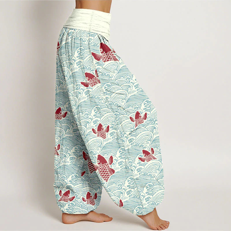 Buddha Stones Print Koi Fishes Waves Pattern Women's Elastic Waist Harem Pure Cotton Pants