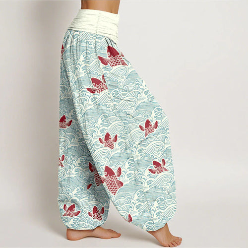 Buddha Stones Print Koi Fishes Waves Pattern Women's Elastic Waist Harem Pure Cotton Pants