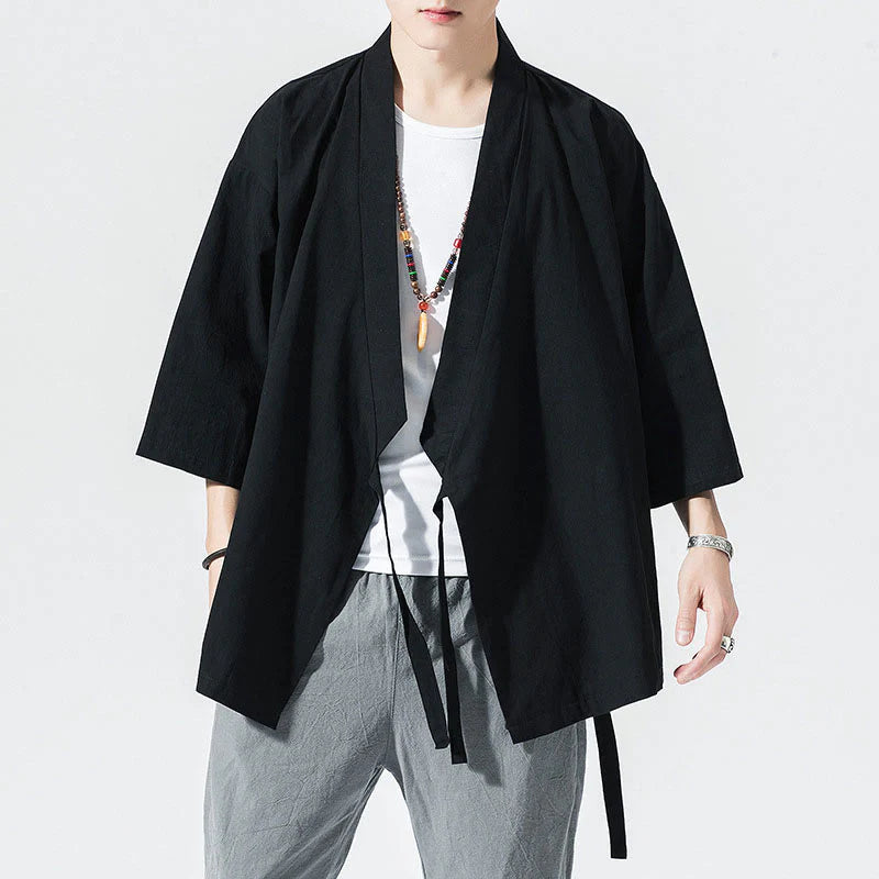 Buddha Stones Tang Suit Open Front Jacket Cotton Linen Men's Three Quarter Sleeve Kimono