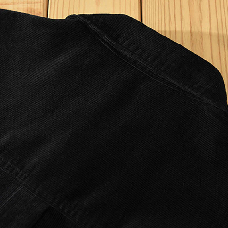 Buddha Stones Fall Decorative Pocket Buttons Down Stand Collar Long Sleeve Men's Cotton Corduroy Shirt