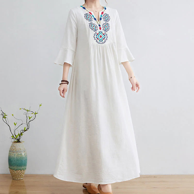 Buddha Stones Loose Plain Ethnic Embroidery Floral Pattern Three Quarter Sleeve Cotton Linen Maxi Dress