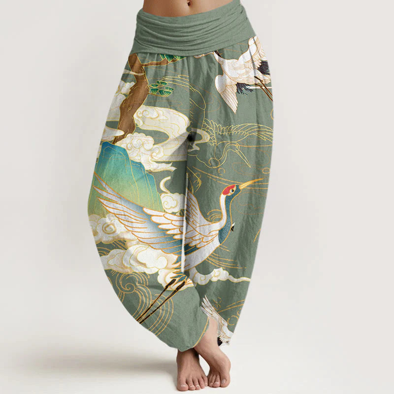 Buddha Stones Cotton Flying Cranes Auspicious Clouds Tree women's Elastic Waist Harem Pants