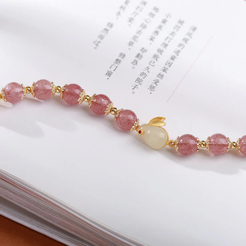 Buddha Stones 925 Sterling Silver Strawberry Quartz Year of the Rabbit Hetian Jade Moonstone Healing Bracelet (Extra 35% Off | USE CODE: FS35)