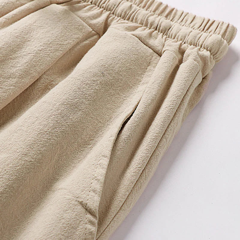 Buddha Stones Plain Drawstring Design Men's Capri Cropped Cotton Linen Wide Leg Pants With Pockets