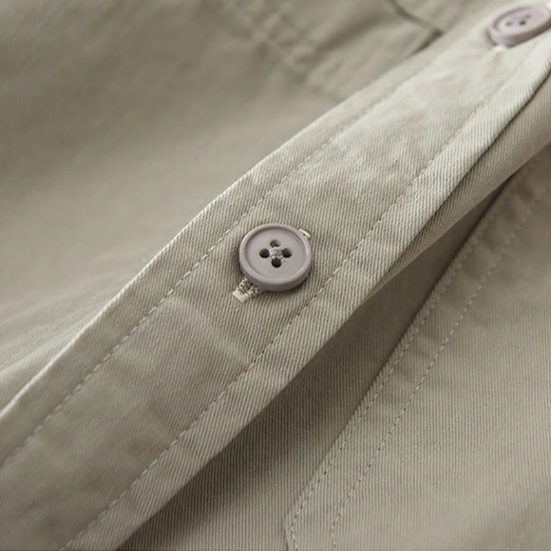 Buddha Stones Daily Plain Buttons Design Men's Long Sleeve Pure Cotton Shirt With Pockets