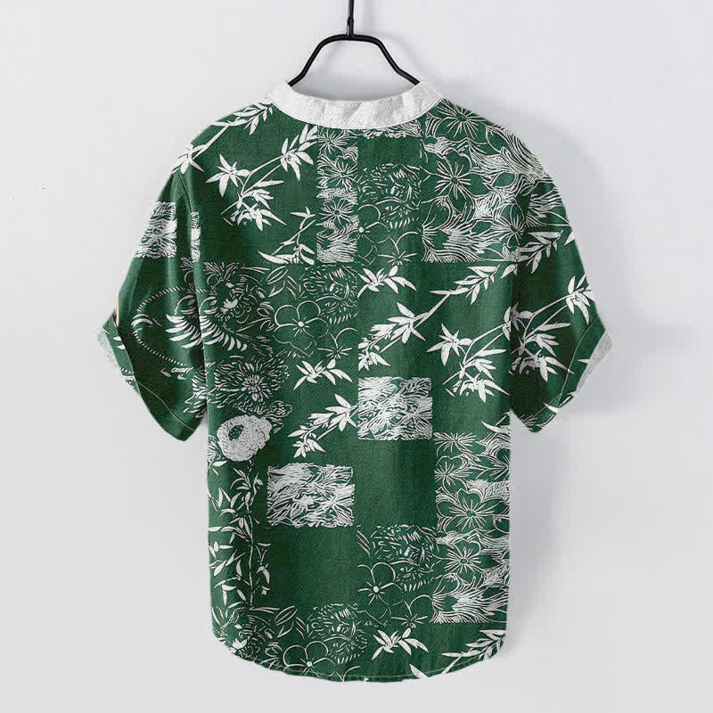 Buddha Stones Cotton Bamboo Plum Emblem Men's Short Sleeve Half Button Shirt
