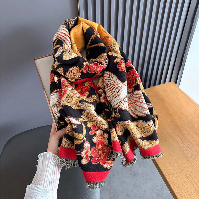 Buddha Stones Winter Crane Plum Blossom Auspicious Clouds Pattern Tassels Cozy Scarf Shawl