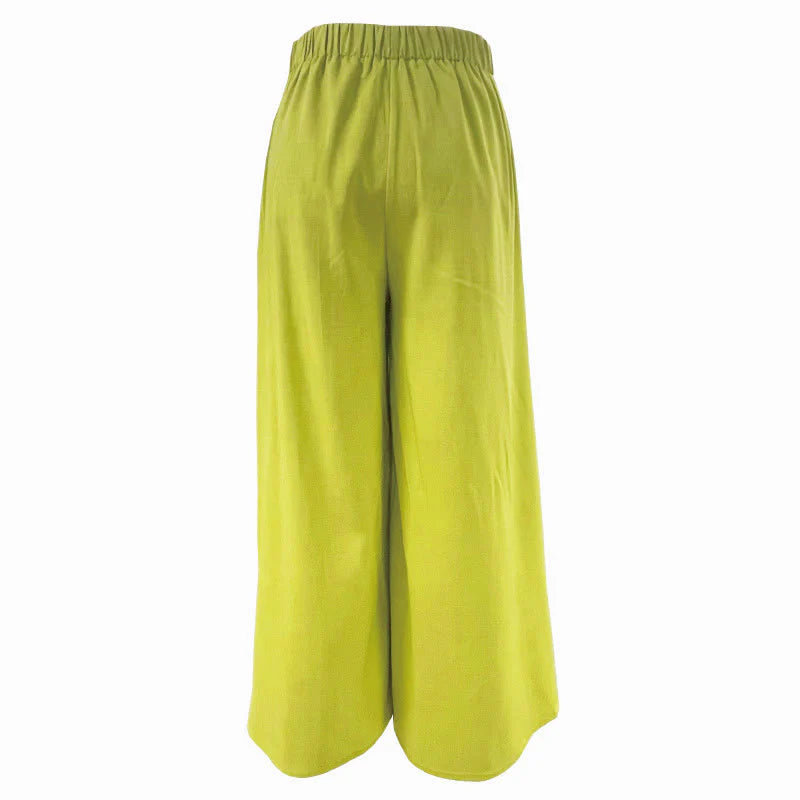 Buddha Stones Spring Casual Retro Plain Drawstring Women's Wide Leg Pants With Pockets