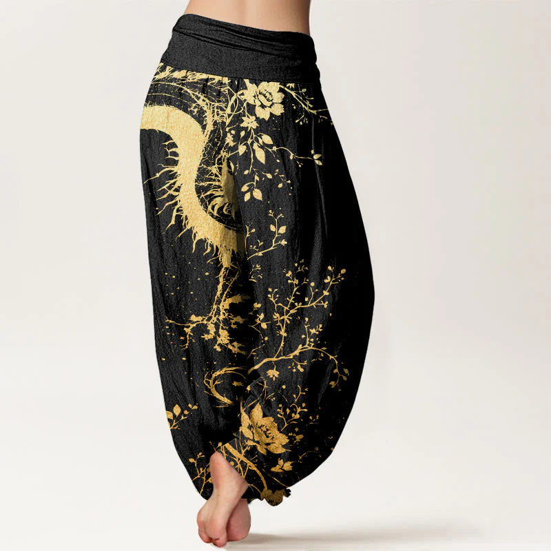 Buddha Stones Cotton Casual Dragon Flower Leaf Pattern Women's Elastic Waist Harem Pants