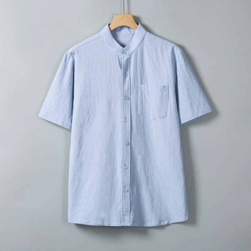 Buddha Stones Daily Printing Solid Color Single Breasted Men's Short Sleeve Cotton Linen Shirt WIth Pockets