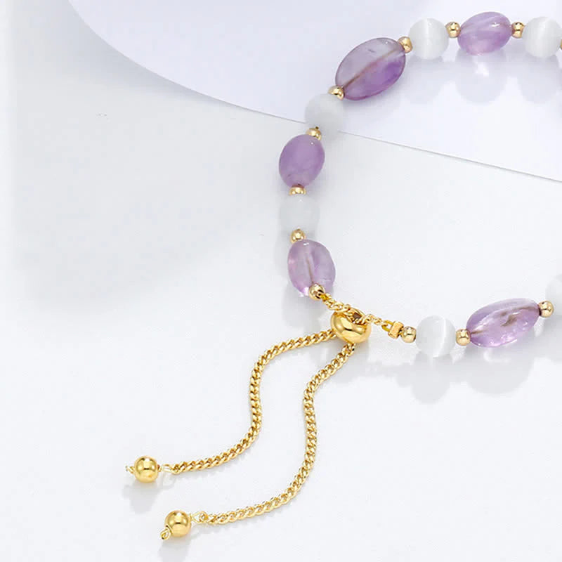Buddha Stones Amethyst Pink Crystal Black Rutilated Quartz Spiritual Awareness Bracelet