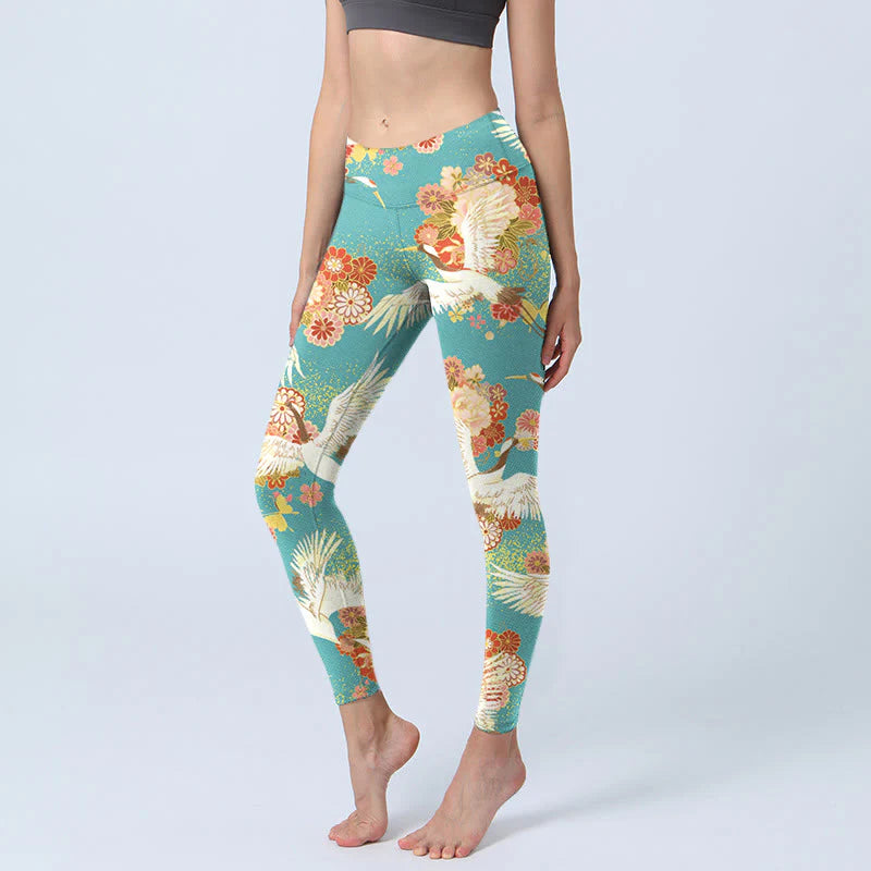 Buddha Stones Red-crowned Cranes Peony Flowers Butterfly Pattern Print Gym Leggings Women's Yoga Pants