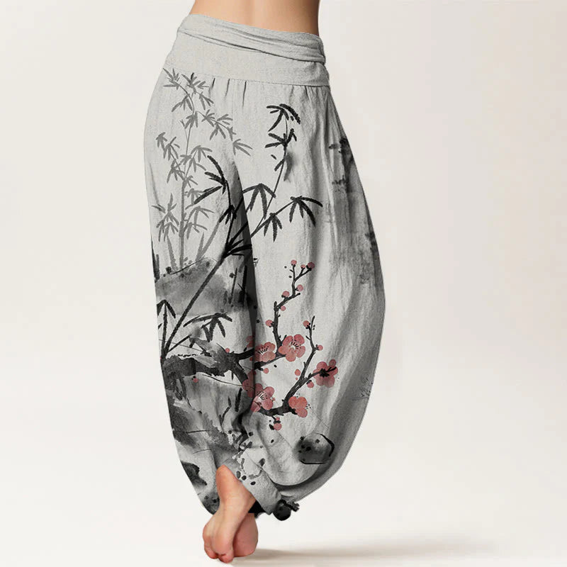 Buddha Stones Cotton Plum Blossoms Bamboo Orchids Chrysanthemums Pattern Women's Elastic Waist Harem Pants
