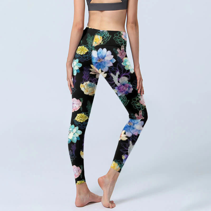 Buddha Stones Colorful Watercolor Style Flower Pattern Print Gym Leggings Women's Yoga Pants