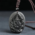 Buddha Stones Ganesh Elephant Relief Design Natural Black Obsidian Strength Necklace Pendant