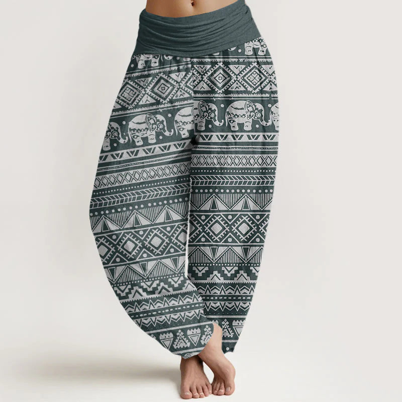 Buddha Stones Cotton Casual Elephant Geometric Figure Women's Elastic Waist Harem Pants