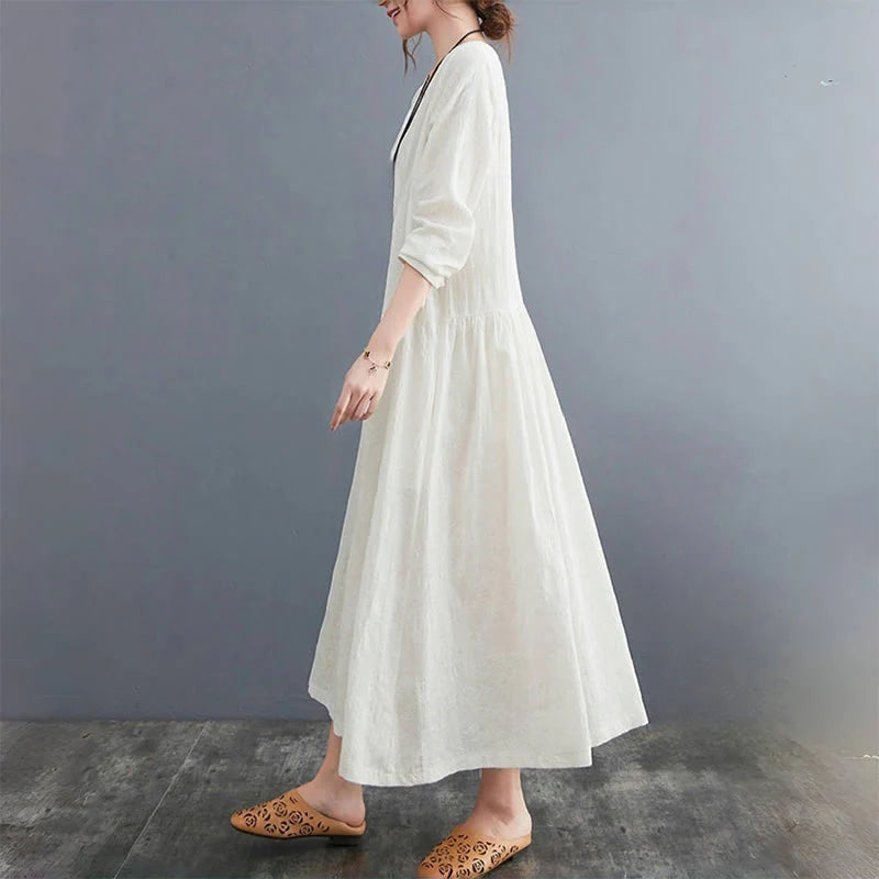 Buddha Stones Smiple Jacquard Pattern Long Sleeve Cotton Linen Women's Midi Dress With Pockets