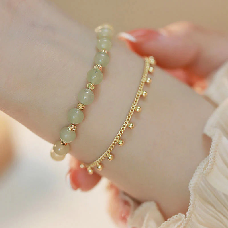 Buddha Stones 14K Gold Plated 2 Layers Hetian Jade Bead Luck Prosperity Bracelet