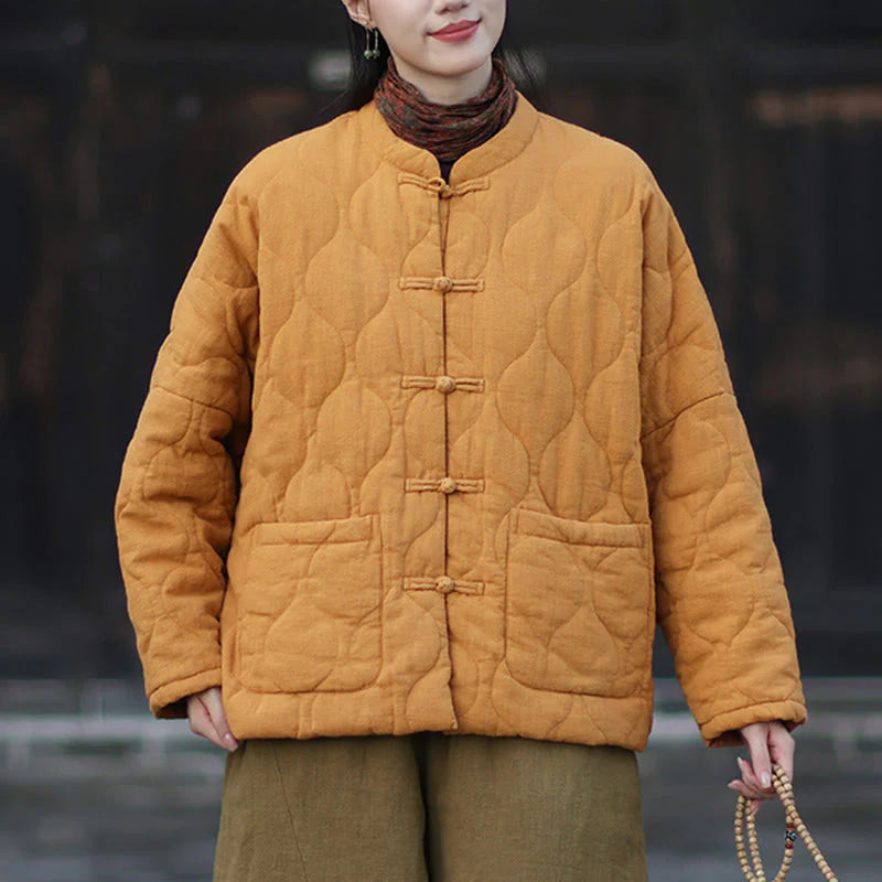 Buddha Stones Winter Curved Lines Frog-Button Ramie Cotton Long Sleeve Women's Thermal Jacket With Pockets