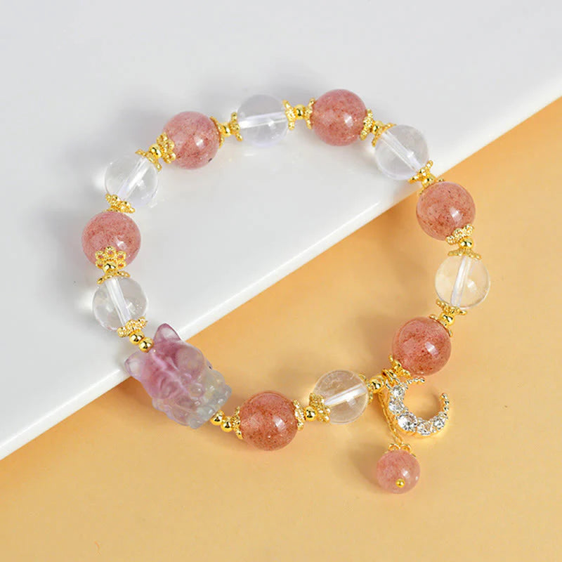 Buddha Stones Natural White Strawberry Quartz Crystal Healing Love Nine Tailed Fox  Moon Pendant Bracelet
