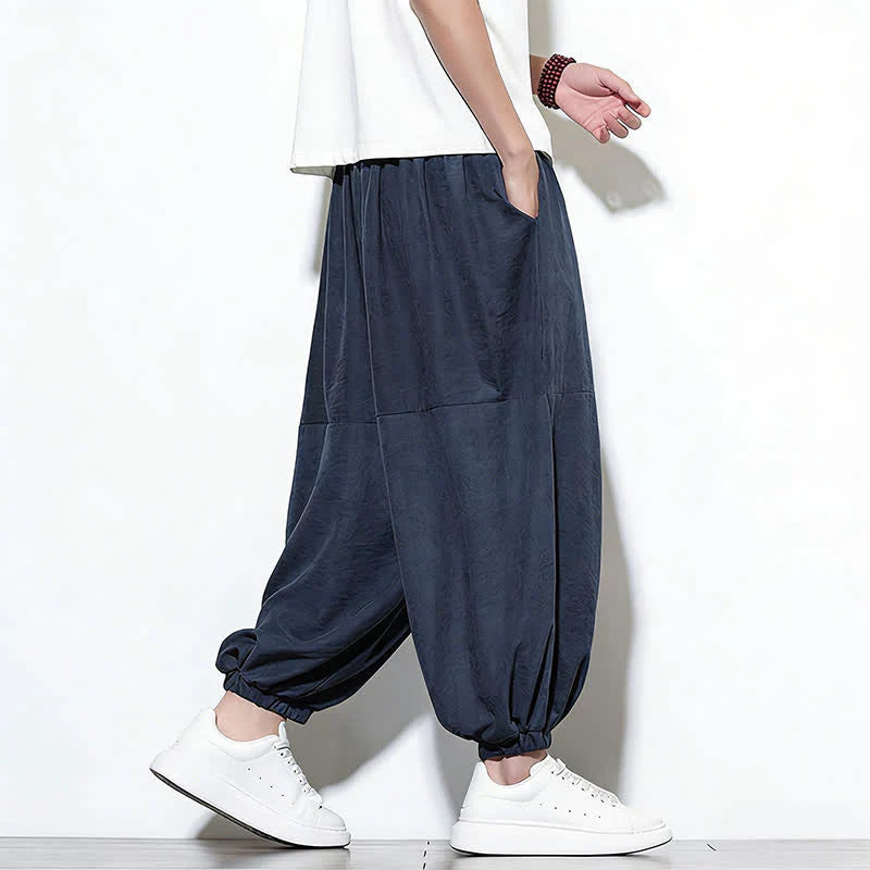 Buddha Stones Spring Solid Color Drawstring Cropped Men's Harem Cotton Pants With Pockets