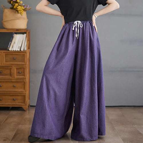 Buddha Stones Retro Leg Opening Slit Design Women's Wide Leg Pants With Pockets