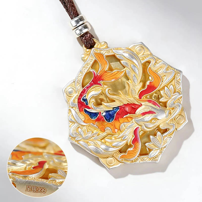 Buddha Stones 999 Sterling Silver Colorful Koi Fish Carved Luck Necklace Pendant