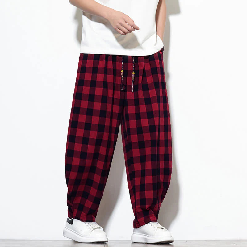 Buddha Stones Summer Plaid Pattern High Waist Drawstring Men's Harem Pants With Pockets