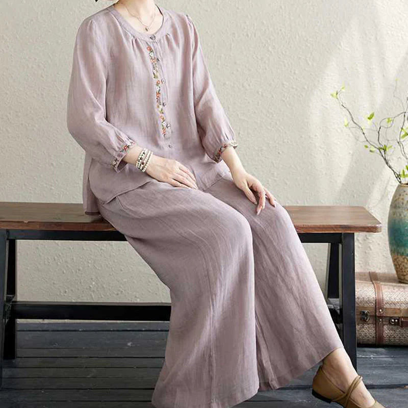 Buddha Stones 2Pcs Cotton Embroidery Flowers Shirt Top Pants Meditation Zen Tai Chi Clothing Women's Set
