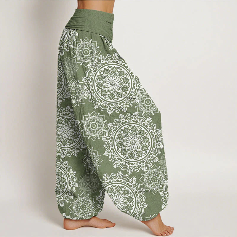 Buddha Stones Cotton Casual White Mandala Flower Design Women's Elastic Waist Harem Pants