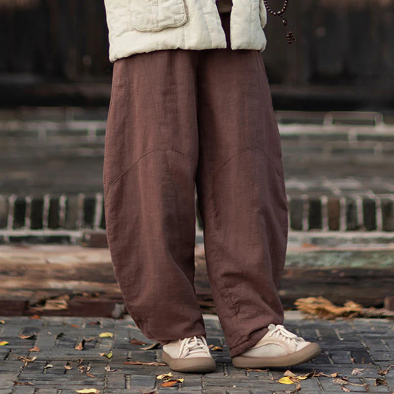 Buddha Stones Winter Elastic Waist Ramie Cotton Thermal Women's Pants With Pockets