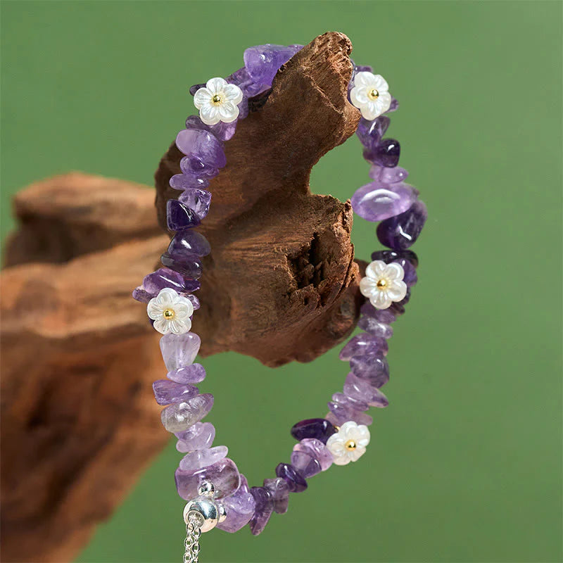 Buddha Stones Irregular Crystal Flower Design Amethyst White Crystal Balance Bracelet